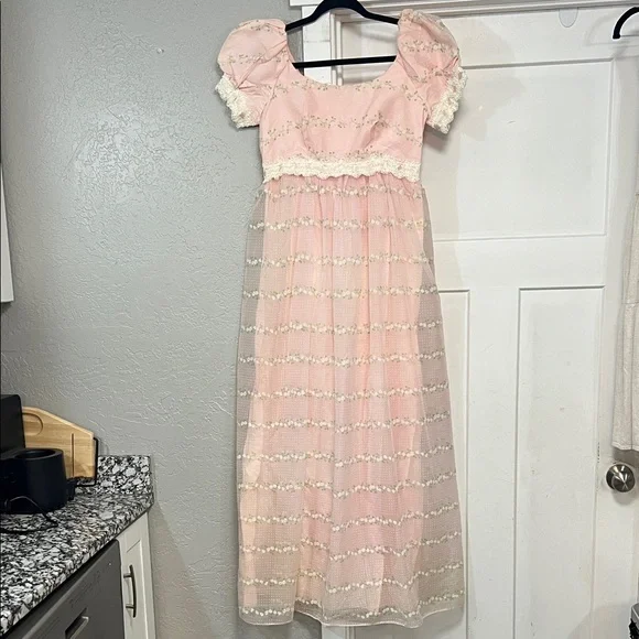 VINTAGE WOMENS REGENCY SWISS DOT LONG MAXI DRESS WITH PUFF SLEEVES SMALL - Picture 1 of 17